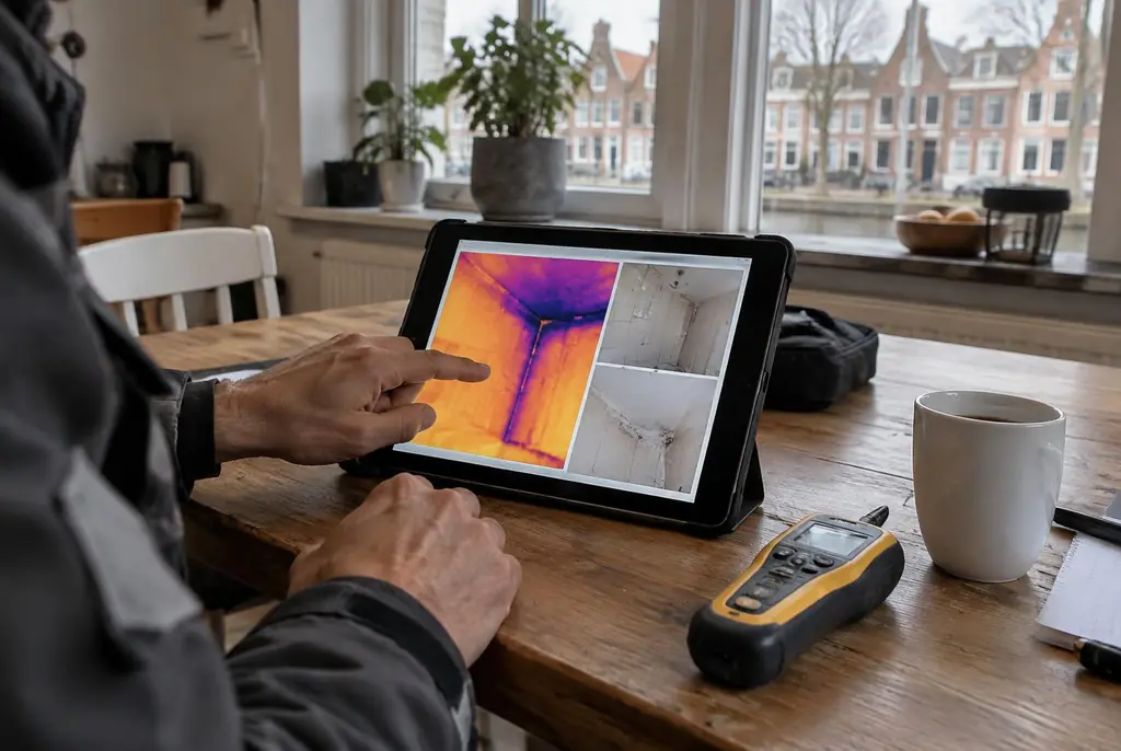 Lekdetectie Zwijndrecht – lekdetectierapport met warmtebeelden en foto's op een tablet
