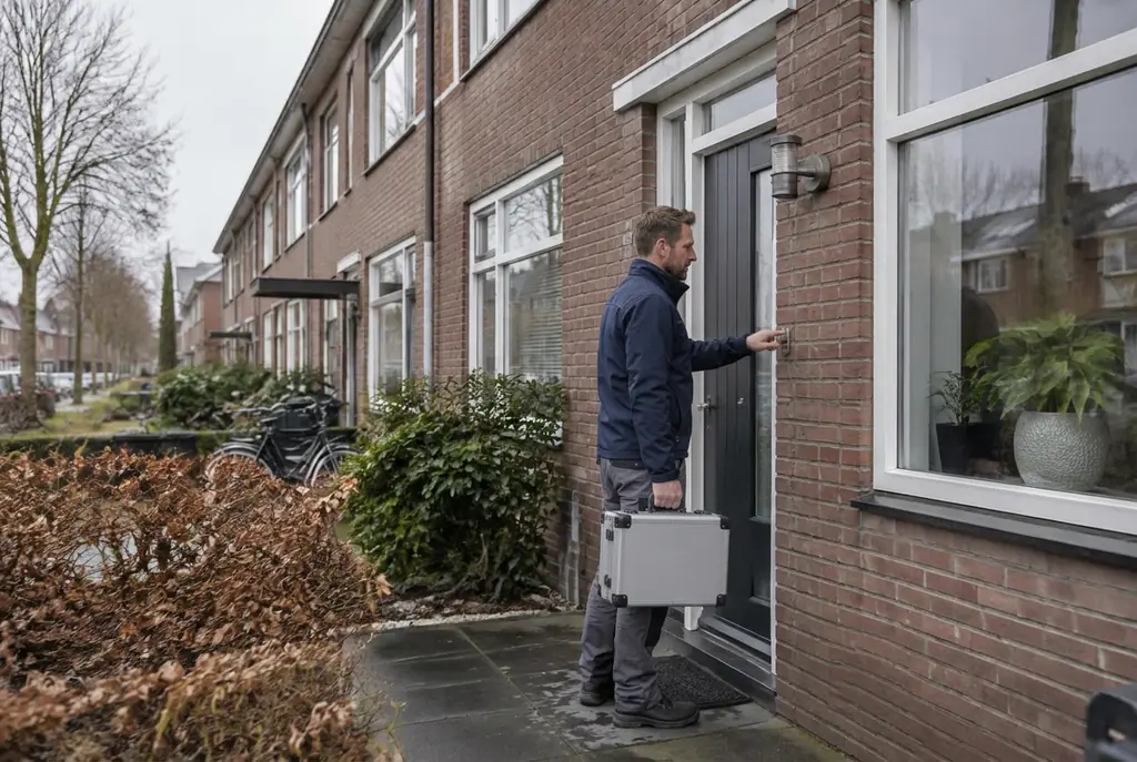 Lekdetectiespecialist met meetkoffer bij de voordeur van een woning in Zwijndrecht